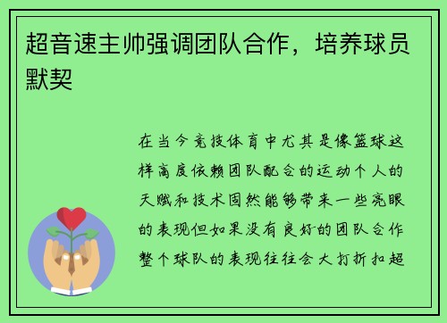 超音速主帅强调团队合作，培养球员默契