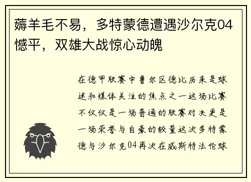 薅羊毛不易，多特蒙德遭遇沙尔克04憾平，双雄大战惊心动魄
